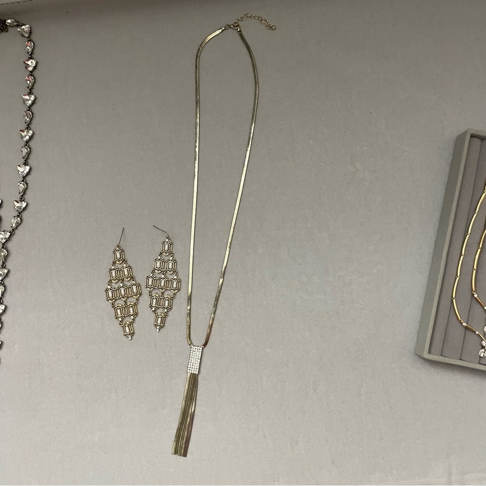 Gold Minimalist Tassel Necklace + Art Deco Earrings Set | Vintage Tone